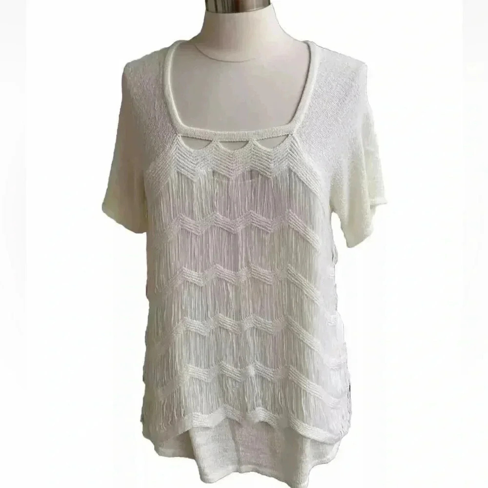 NWT Chicos 2 (L) Porcelain Pullover Sweater Cream Flapper Fringe Short Sleeve